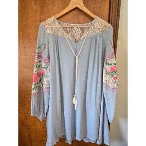 Umgee Mini Dress Small Blue Embroidered V Neck Balloon Long Sleeve Boho